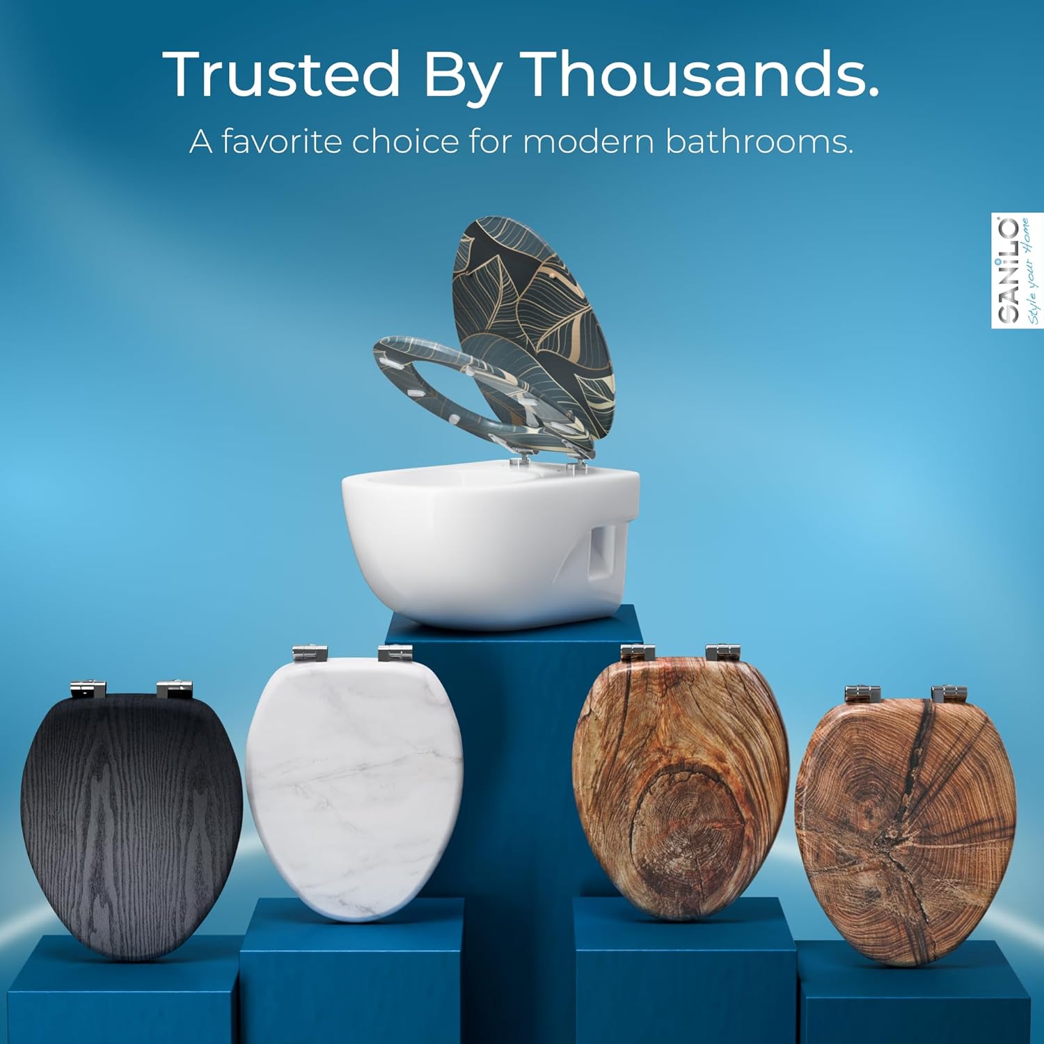 SANILO Wooden Toilet Seat with Soft Close [ELONGATED] - Decorative, Quiet & Slow Close Molded Wood Seat - With Strong Bumpers & Hinges - Adjustable Fit - Monstera